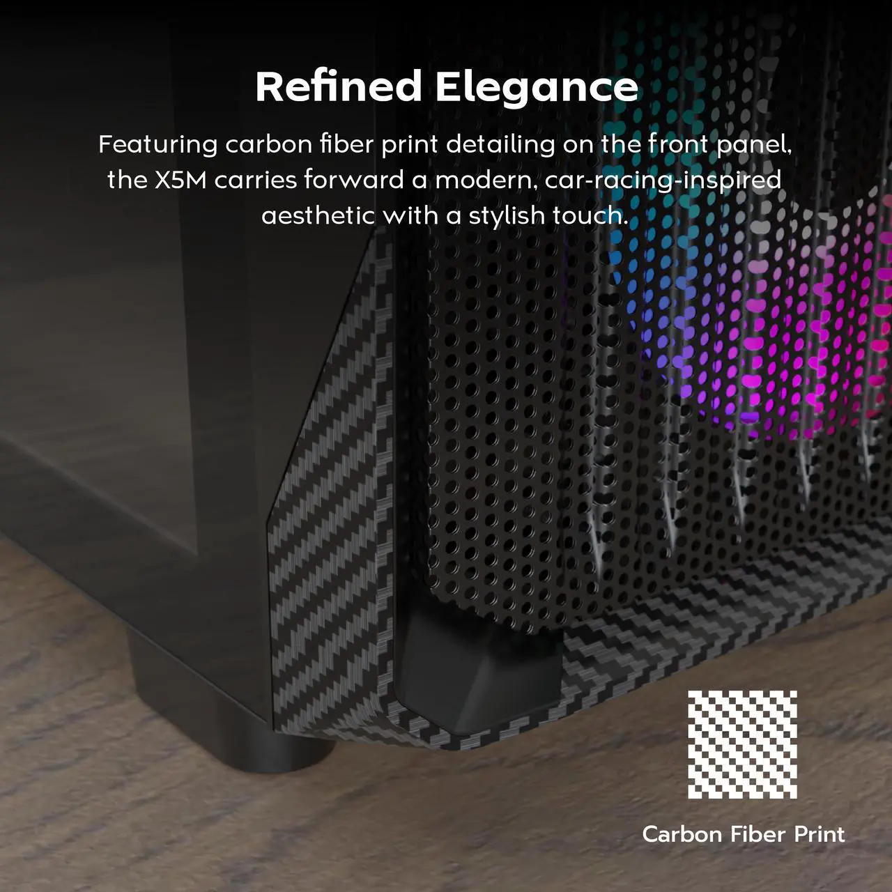 Alt view image 3 of 7 - MONTECH X5M - Micro ATX Gaming PC Case, High Airflow, 4x120mm ARGB Fans Pre-installed, Glass Side Panel, Carbon Fiber Print Accents, Black