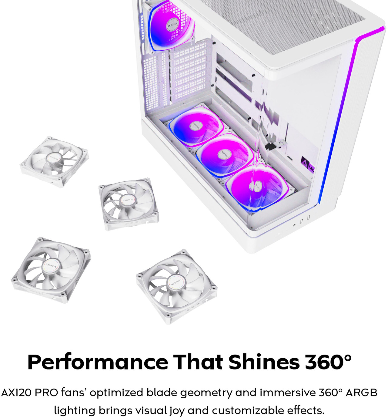 Open Box: MONTECH KING 45 PRO ATX PC Case, Curved Panoramic Glass, Chimney Airflow, 360mm Radiator Support, Compact Build for High-Performance Systems, 4 ARGB PWM Fan Pre-Installed with Fan Hub, White - Newegg.com - Open Box condition - Image 16