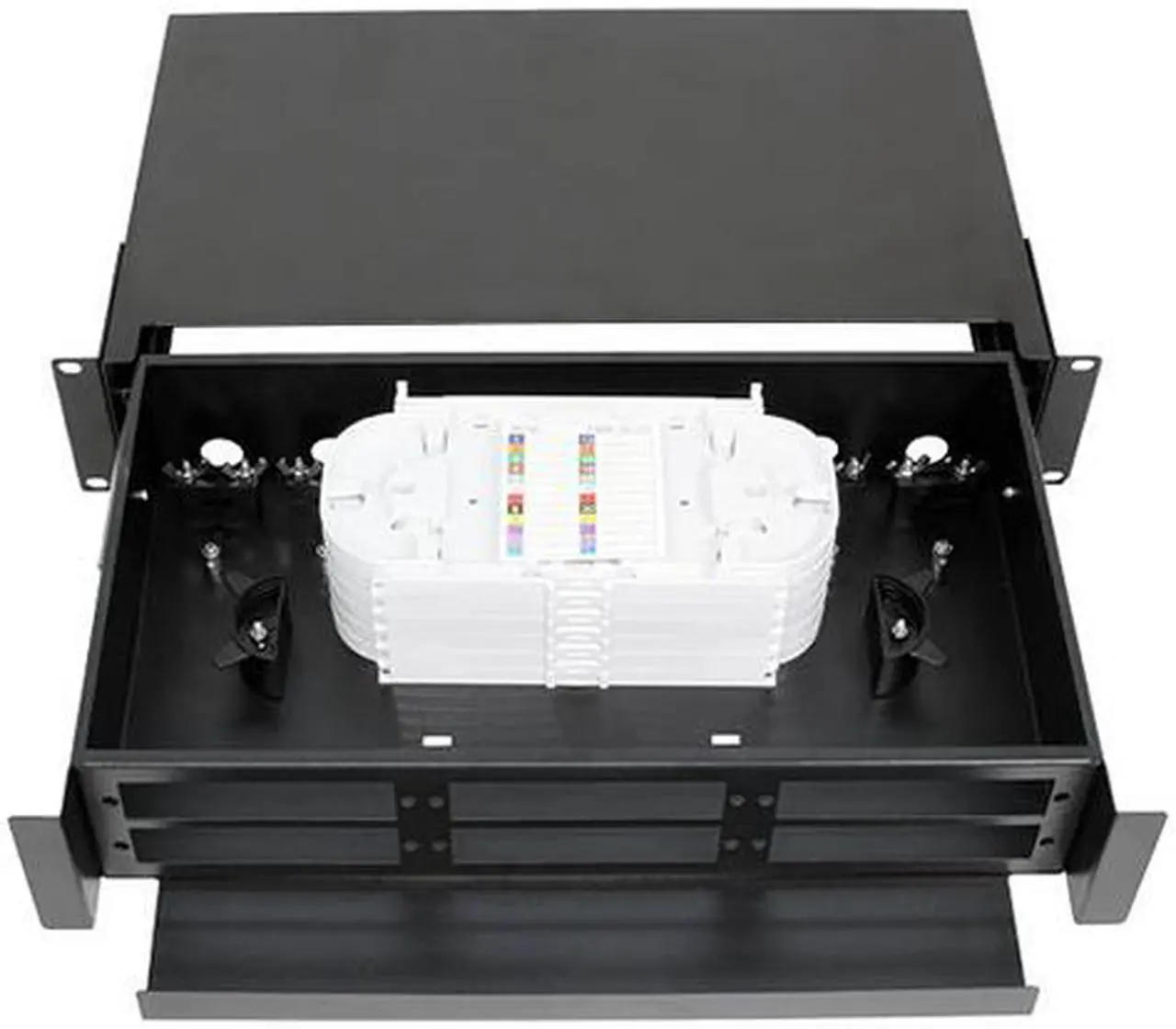 Alt view image 6 of 6 - Nippon Labs Rack Mount FDU 2RU - Slide Out w/Tray, Holds 6 Panels, 6 Splice Trays (*24F ea.) & 2 Half Round Cable Routing Spools, Max. 144F, 3"H x 19"W x 12.5"D, - Black