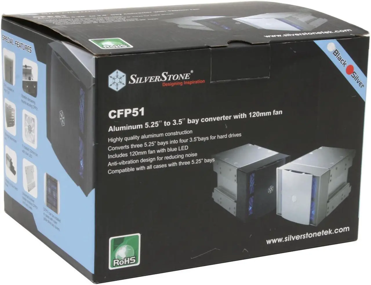 Alt view image 5 of 5 - Silverstone CFP51-B Aluminum 5.25" to 3.5" bay converter with 120mm fan