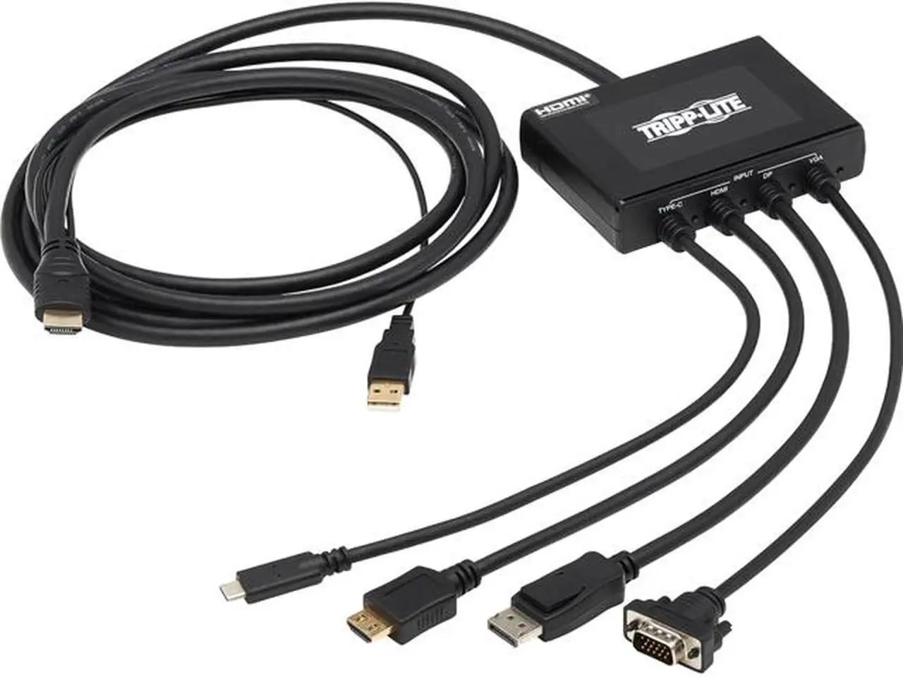 Main image of 4-Port Presentation Adapter, 4K 60 Hz (4:4:4) HDMI, DP, USB-C and 1080p VGA to HDMI, Built-In Cables
