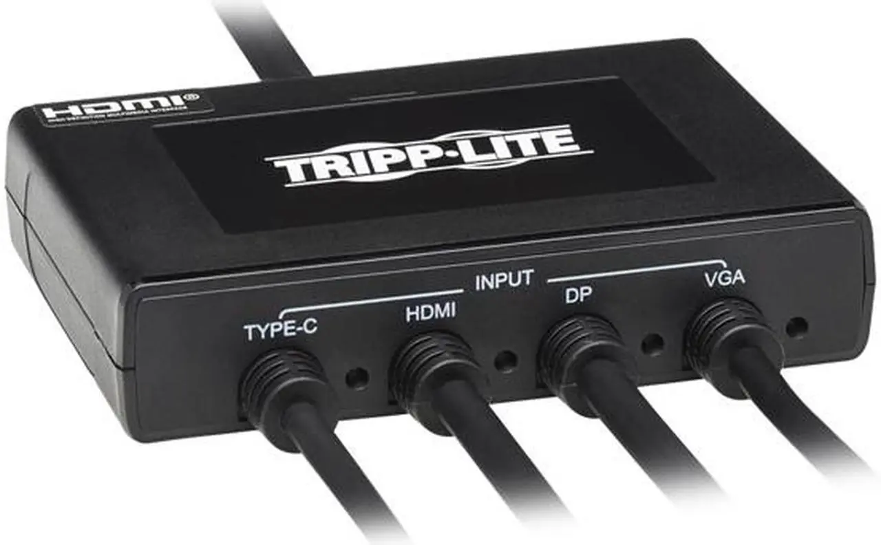 Alt view image 2 of 8 - 4-Port Presentation Adapter, 4K 60 Hz (4:4:4) HDMI, DP, USB-C and 1080p VGA to HDMI, Built-In Cables