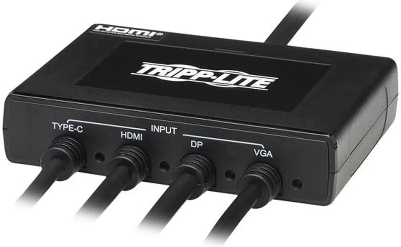 Alt view image 3 of 8 - 4-Port Presentation Adapter, 4K 60 Hz (4:4:4) HDMI, DP, USB-C and 1080p VGA to HDMI, Built-In Cables