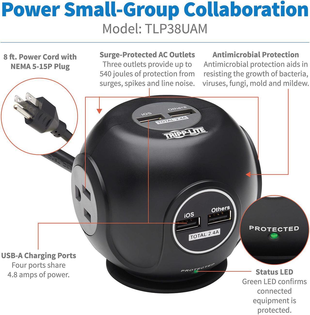 Alt view image 4 of 8 - TRIPP LITE Safe-IT Spherical Surge Protector 3-Outlets 4 USB Ports 6ft Cord
