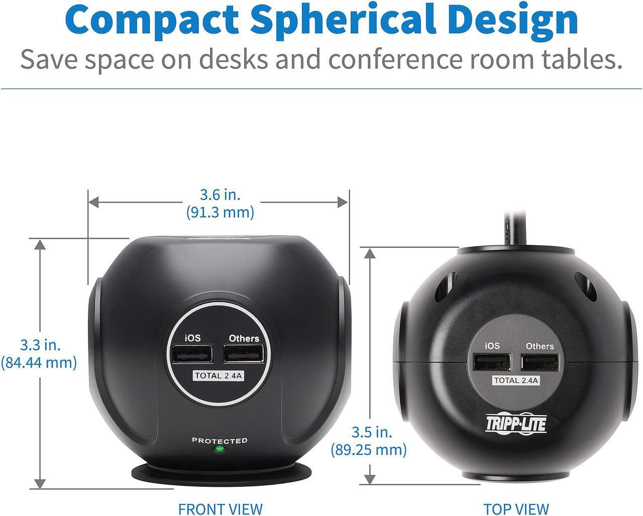 Alt view image 7 of 8 - TRIPP LITE Safe-IT Spherical Surge Protector 3-Outlets 4 USB Ports 6ft Cord