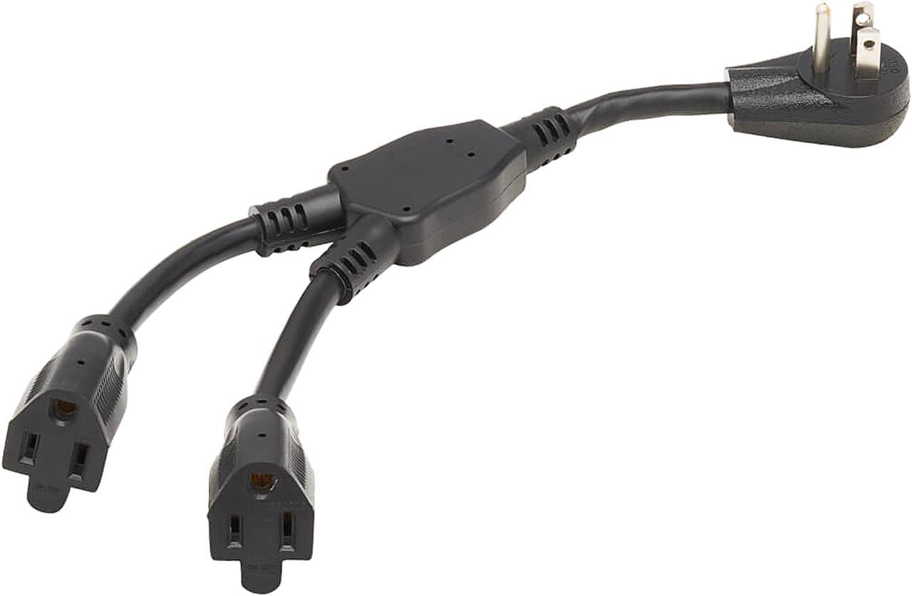 Tripp Lite Model P024-001-15D-2 Extension Cord Y Splitter, Right-Angle NEMA 5-15P to 2x NEMA 5-15R - Heavy Duty, 15A, 120V, 14 AWG, 1 ft. (0.3 m), Black