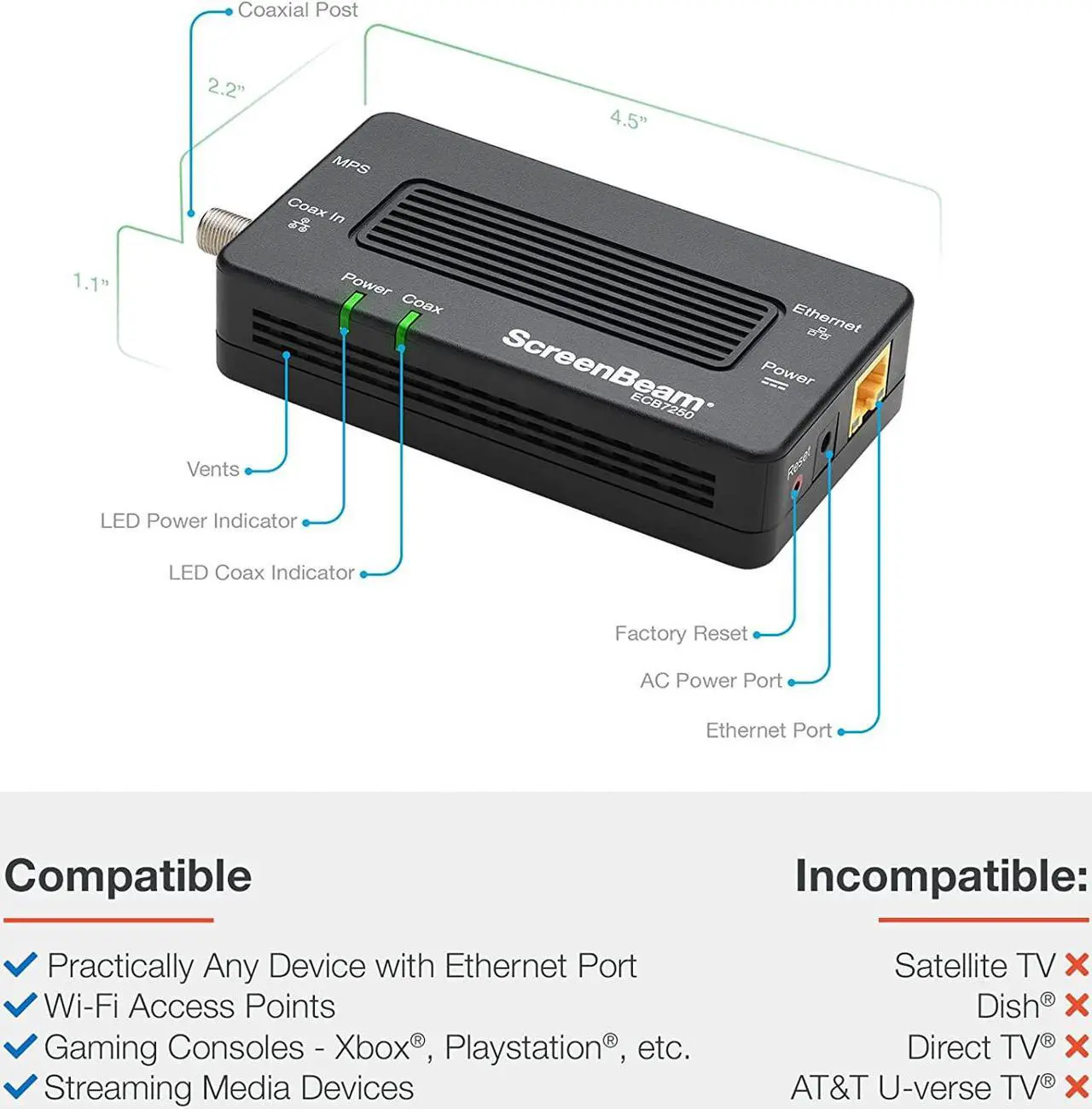 Alt view image 8 of 8 - SCREENBEAM ECB7250K02 MoCA 2.5 Network Adapter True 2.5 Gbps Ethernet Port for Ethernet Over Coax (2 Pack)