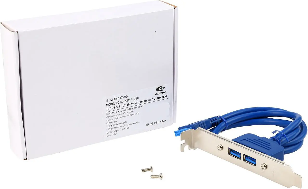 Alt view image 3 of 3 - Coboc PCIU3-20PSPL2-18 18" Dual Ports USB 3.0 to 20pin Header Adatper Cable w/ Rear Panel - PCI Bracket USB 3.0 20pin to 2 Ports Type A Female