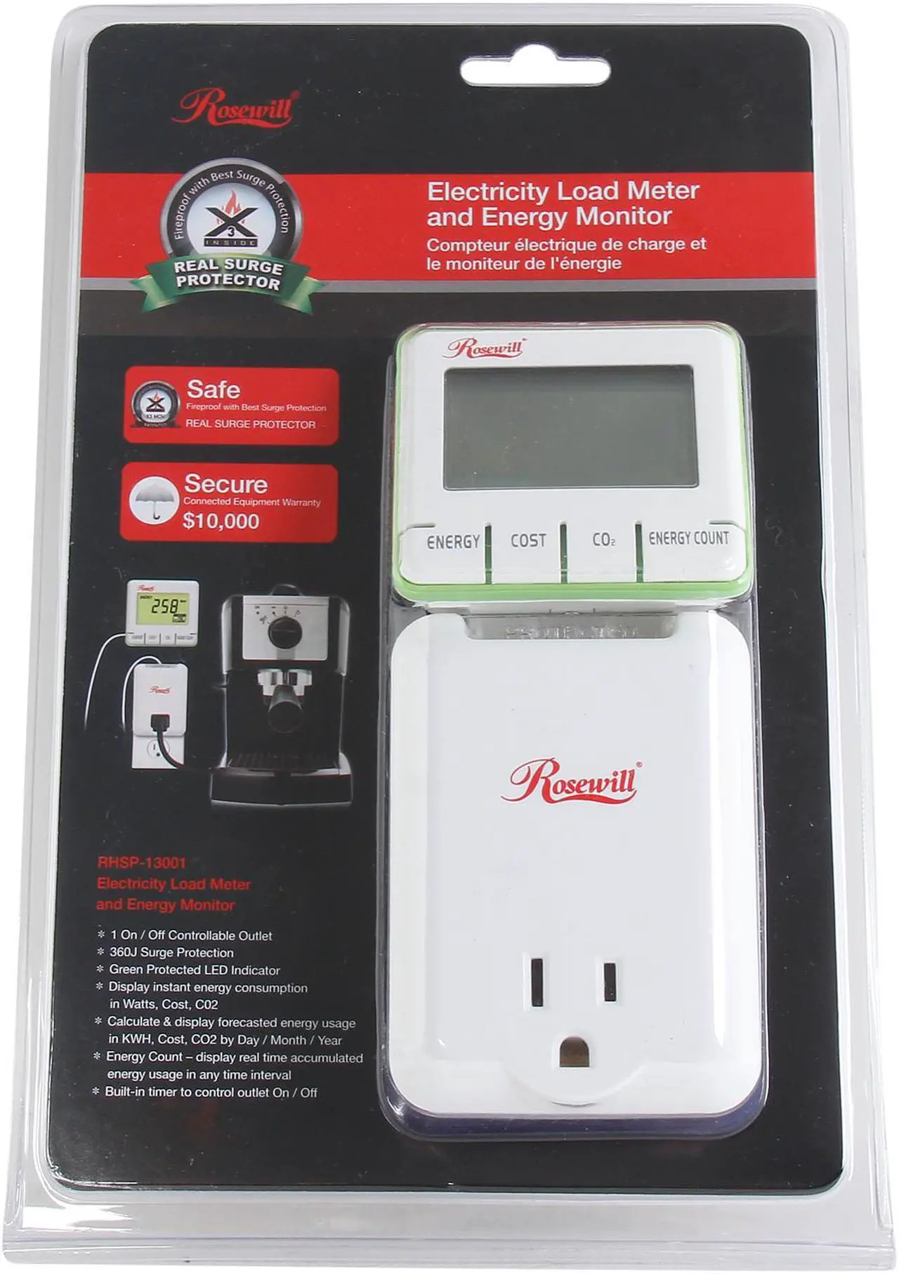 Alt view image 6 of 6 - Rosewill RHSP-13001 - 360-Joule Surge Protection Electricity Load Meter and Energy Monitor with Controllable On/Off Outlet and Protected LED Indicator