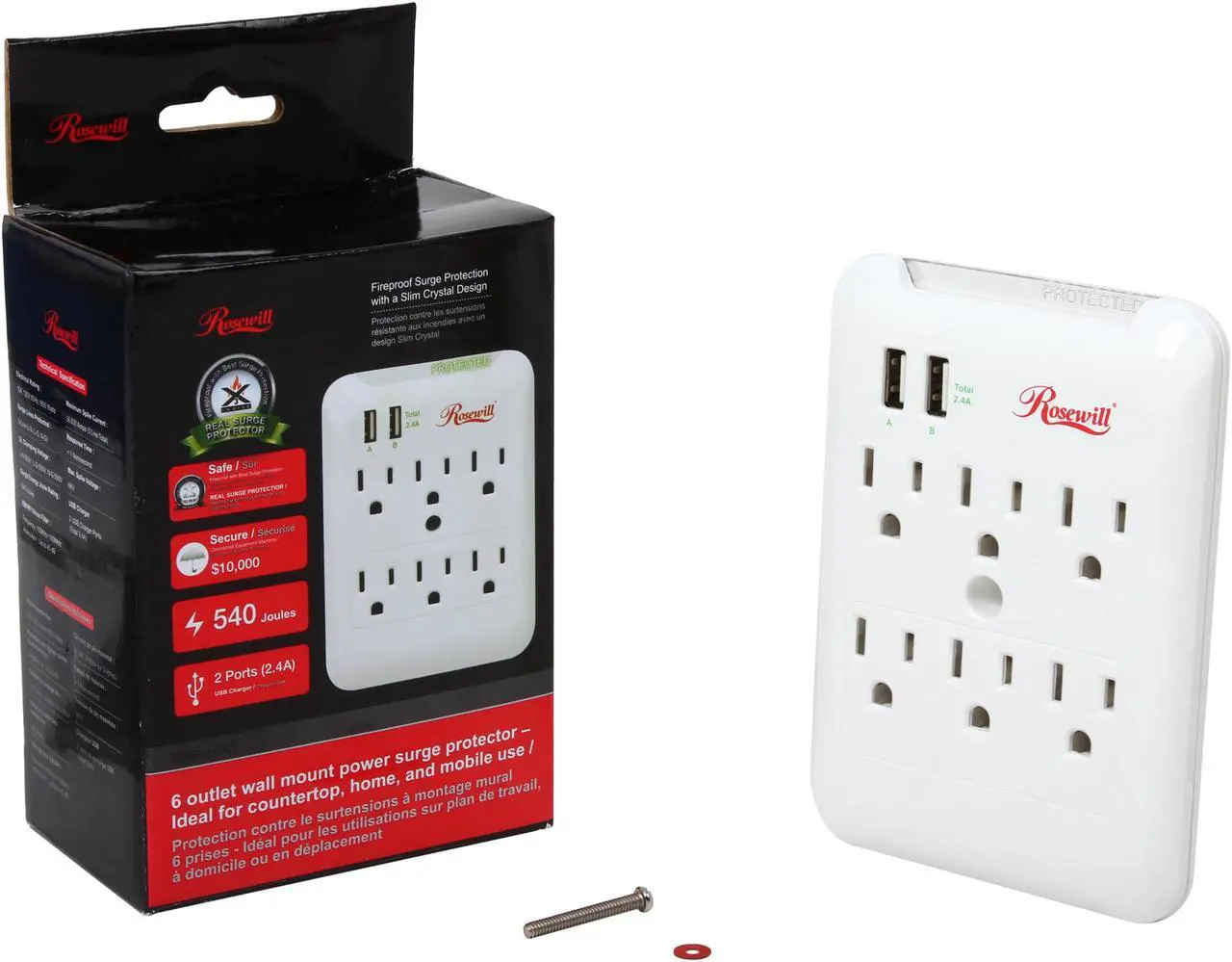 Alt view image 6 of 5 - Rosewill RHSP-14001 - 6-Outlet Wall Tap Power Surge Protector with 2 USB Ports