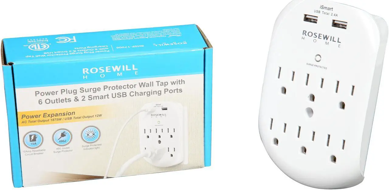 Alt view image 7 of 6 - Rosewill 6-Outlet Wall Surge Protector with 2 USB Charging Ports (2.4A)