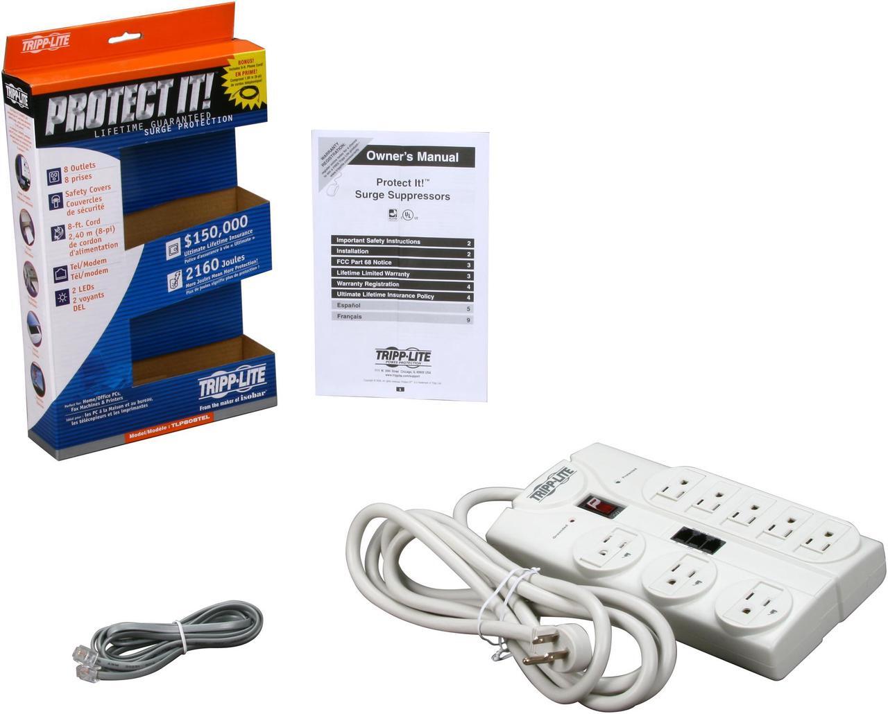 Alt view image 6 of 6 - Tripp Lite TLP808TEL 8 Outlets 2160 Joules 8' Cord Protect It! Surge Suppressor