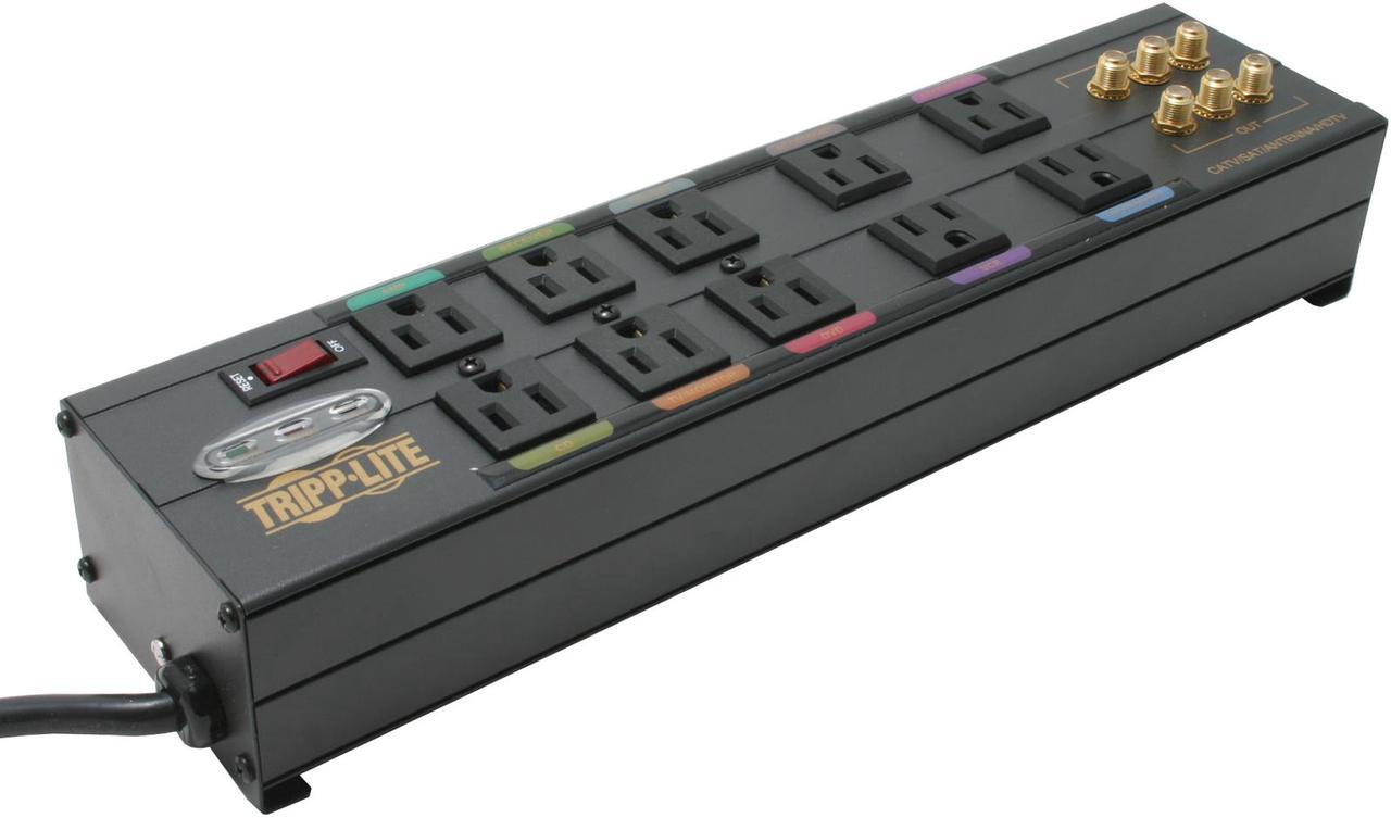 Main image of Tripp Lite HT10DBS Isobar 10-Outlet Home/Business Theater Surge Protector, 8 ft. Cord with Right-Angle Plug, 3840 Joules, LEDs, Metal Housing
