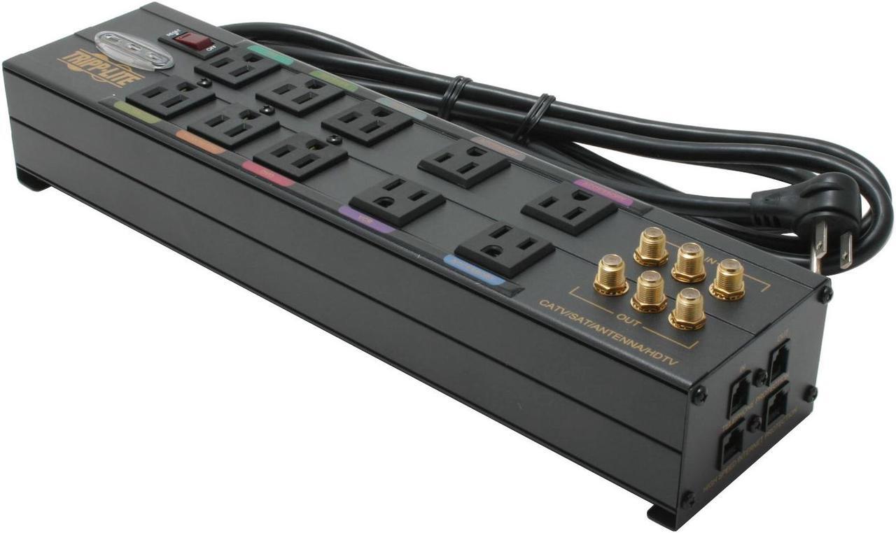Alt view image 2 of 6 - Tripp Lite HT10DBS Isobar 10-Outlet Home/Business Theater Surge Protector, 8 ft. Cord with Right-Angle Plug, 3840 Joules, LEDs, Metal Housing