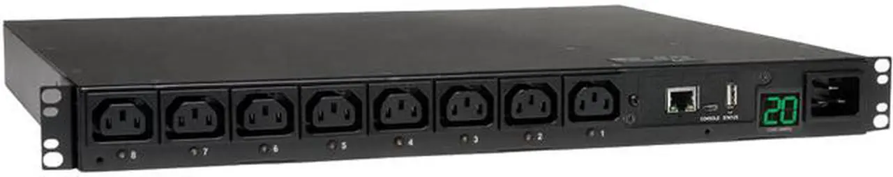 Main image of Tripp Lite Switched PDU, 3.2 - 3.8 kW Single-Phase 200 - 240V Outlets (8 x C13), C20 / L6-20P input, 8.5 Feet Cord, 1U Rack-Mount, TAA (PDUMH20HVNET)