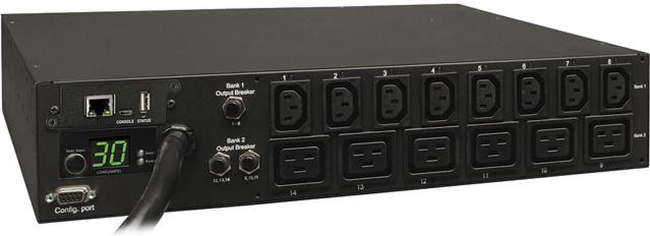 Tripp Lite 5.8 kWatts Single-Phase Switched PDU with LX Platform Interface, 208 / 240V Outlets (8 x  C13 & 6 x C19), L6-30P input, 15.0 Feet Cord, 2U Rack-Mount, TAA (PDUMH30HV19NET)