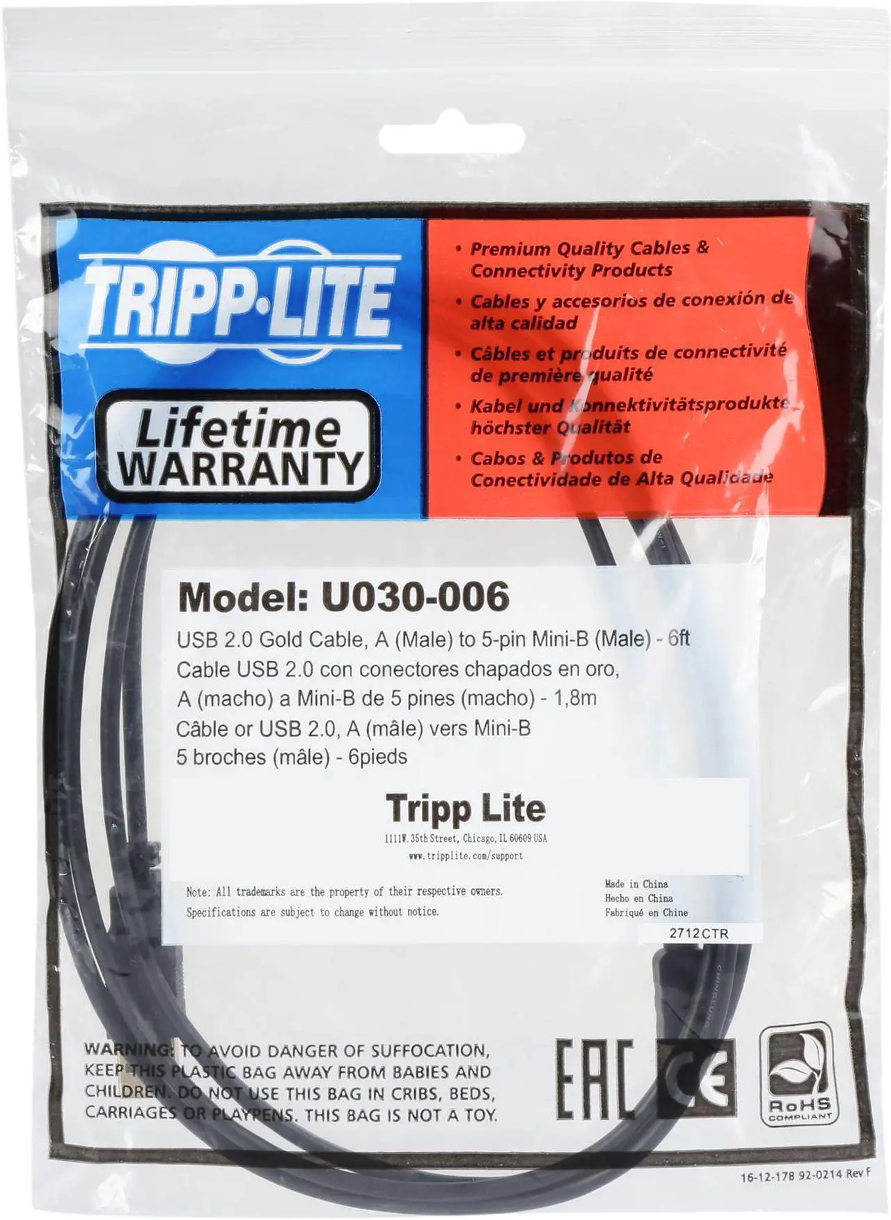 Alt view image 3 of 3 - Tripp Lite U030-006 Black USB2.0 A to Mini-B Gold Device Cable