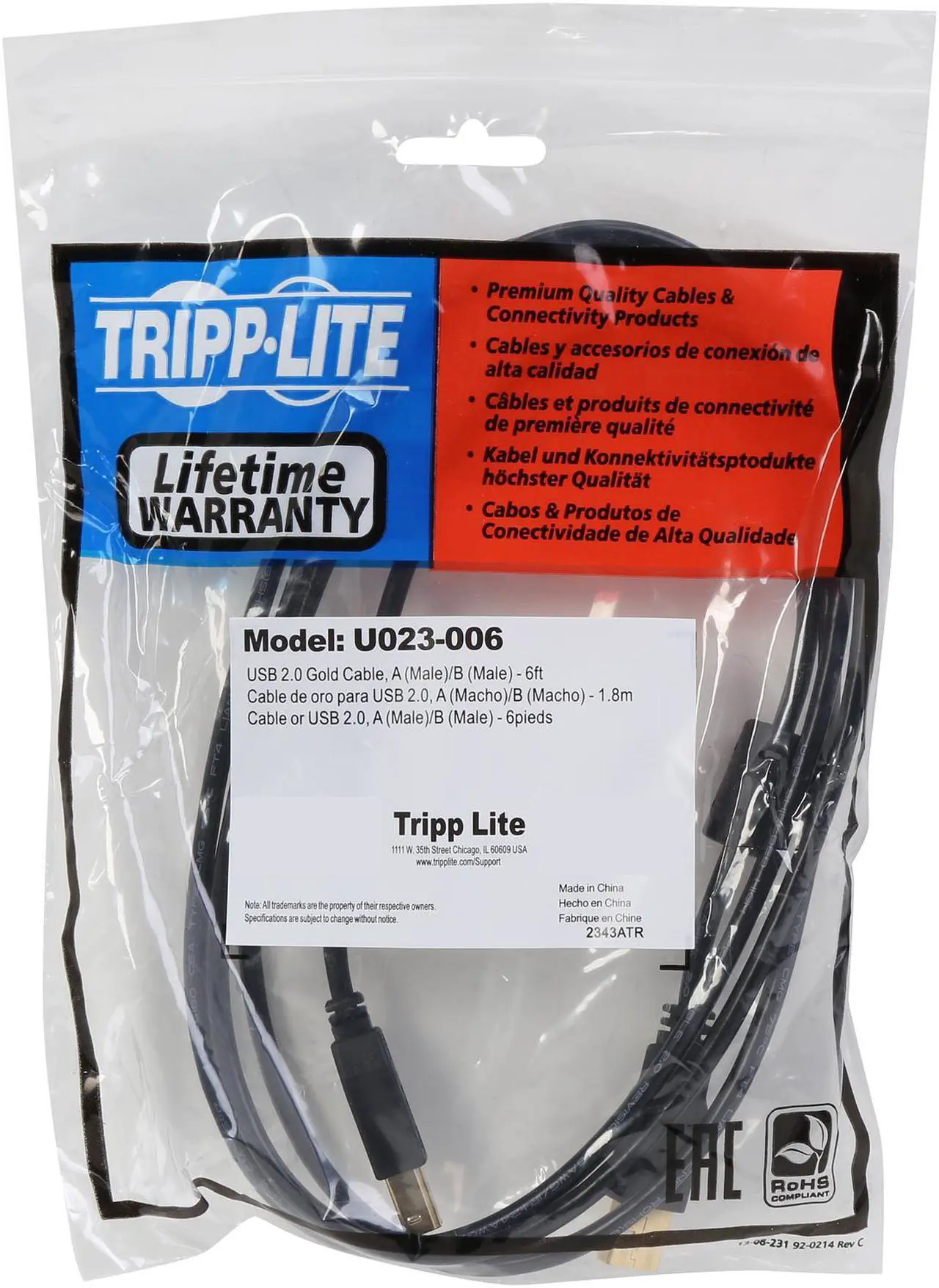 Alt view image 2 of 2 - Tripp Lite USB 2.0 Hi-Speed A/B Cable with Ferrite Chokes (M/M), 6-ft. (U023-006)