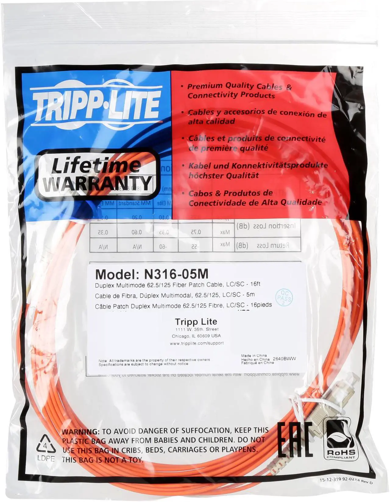 Alt view image 3 of 3 - Tripp Lite N316-05M 16 ft. Duplex MMF 62.5/125 Patch Cable (LC/SC)
