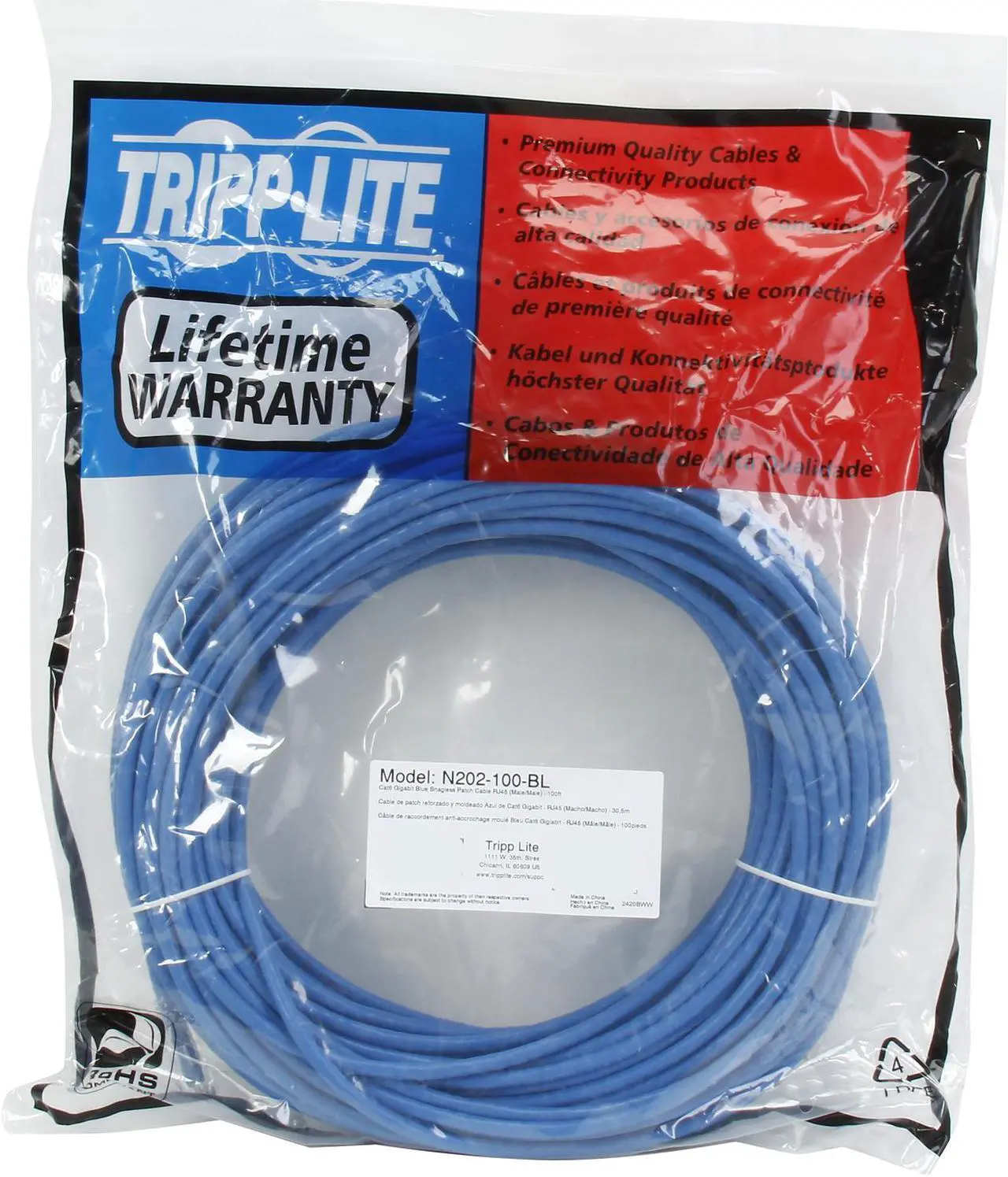 Alt view image 3 of 3 - TRIPP LITE N202-100-BL 100 ft. Cat 6 Blue Gigabit Solid Conductor Snagless Patch Cable