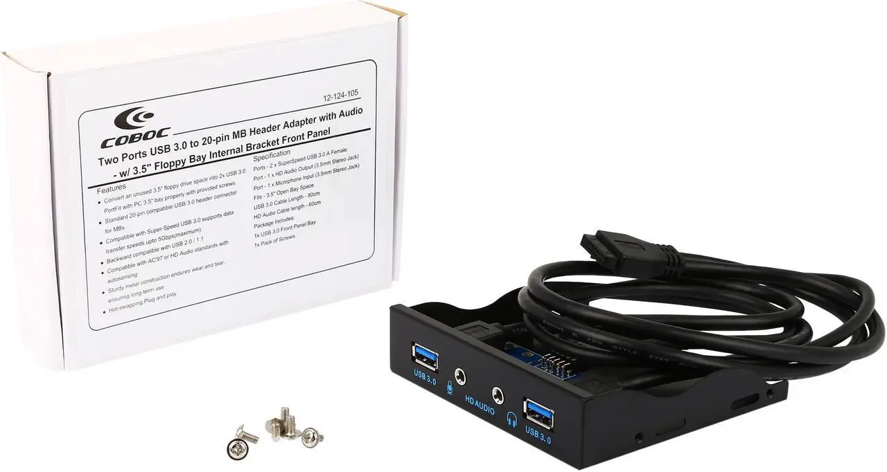 Alt view image 6 of 5 - Coboc 3.5FP-U3-20PSPL2A Dual Ports USB 3.0 to 20pin Header 3.5" Floppy Bay Internal Bracket Front Panel w/ HD audio & mic - 3.5"tray USB 3.0 20pin to 2 Ports Type A Female
