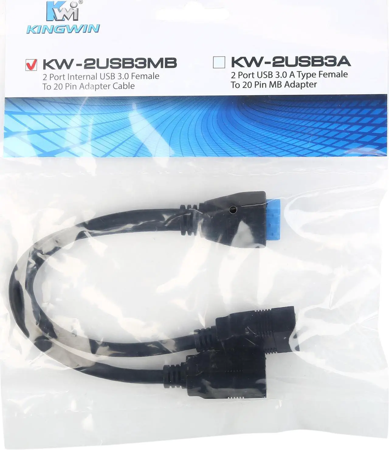Alt view image 3 of 3 - KINGWIN KW-2USB3MB Two USB 3.0 female type A ports to 20 pin MB adapter cable