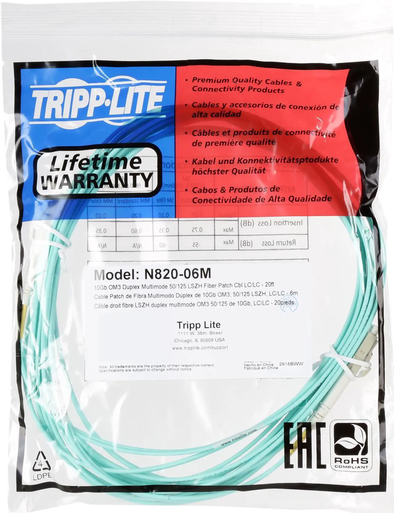 Alt view image 3 of 3 - Tripp Lite	N820-06M	10Gb Duplex Multimode 50/125 OM3 LSZH Fiber Patch Cable, (LC/LC) - Aqua, 6M (20-ft.)