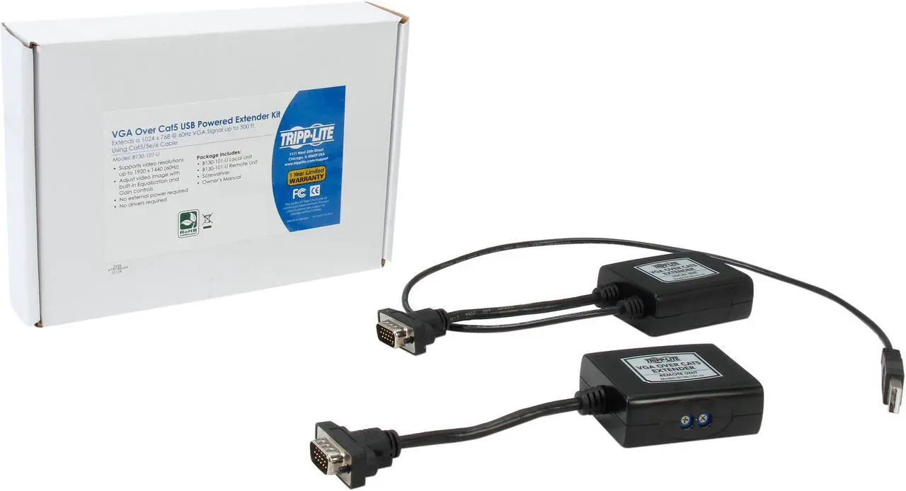 Alt view image 5 of 5 - Tripp Lite VGA over Cat5/Cat6 Extender Kit, Transmitter and Receiver, USB-Powered, 1920x1440 at 60Hz B130-101-U