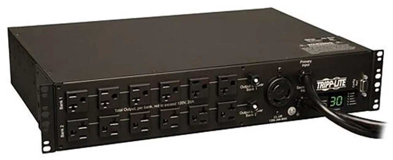 Main image of Tripp Lite Metered PDU with ATS, 2.9 kW Single-Phase 120V Outlets (24 x 5-15/20R, 1 x L5-30R), 2 x L5-30P, 2 x 10 Feet Cords, 2U Rack-Mount, TAA (PDUMH30AT)