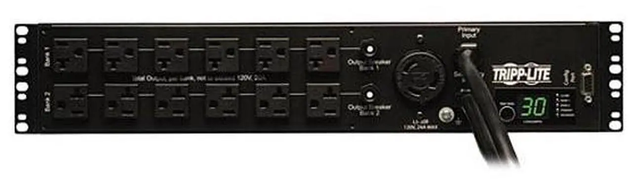 Alt view image 3 of 6 - Tripp Lite Metered PDU with ATS, 2.9 kW Single-Phase 120V Outlets (24 x 5-15/20R, 1 x L5-30R), 2 x L5-30P, 2 x 10 Feet Cords, 2U Rack-Mount, TAA (PDUMH30AT)
