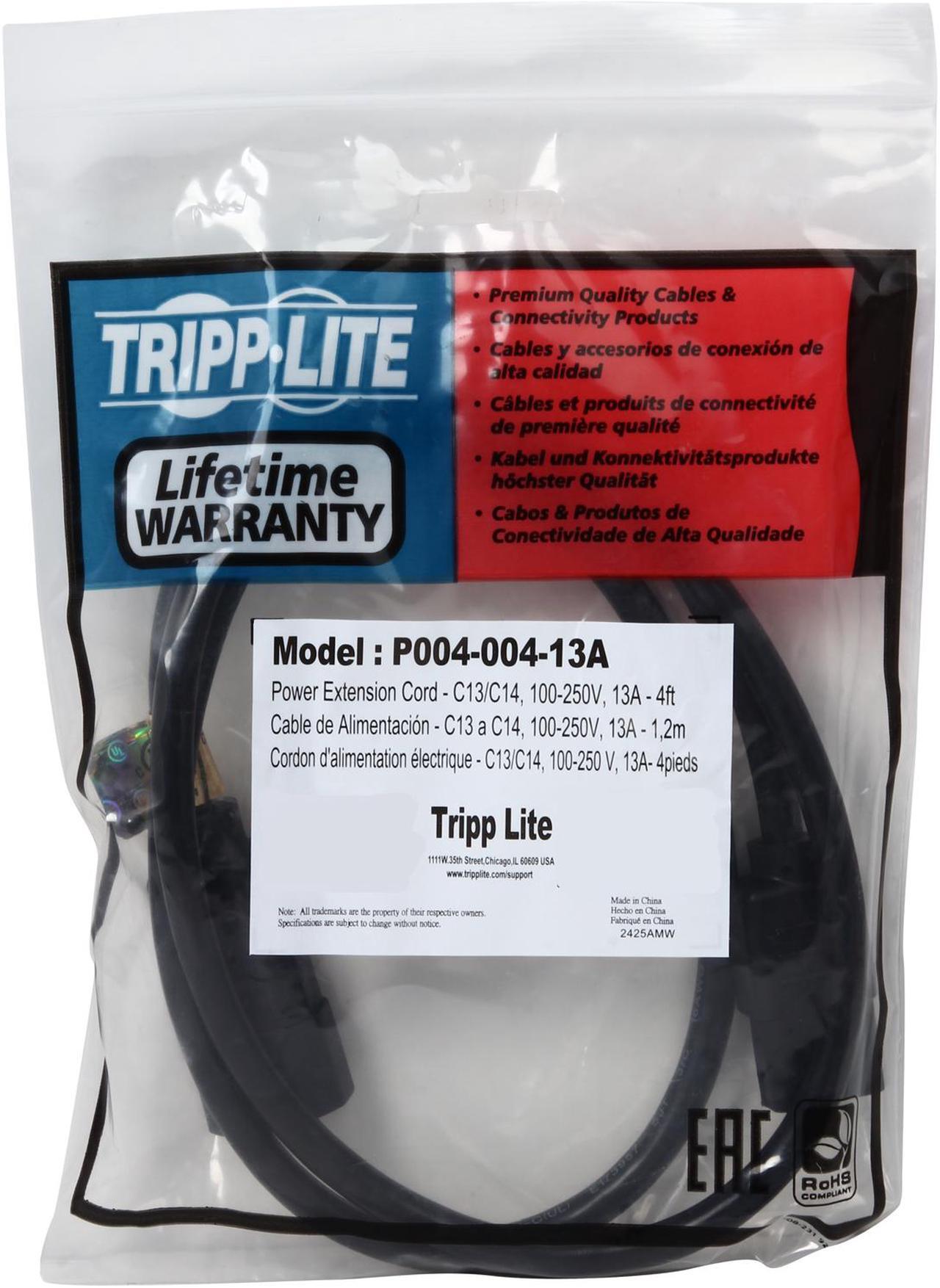 Alt view image 3 of 3 - Tripp Lite Model P004-004-13A 4 ft. Black 16AWG SJT, 13A, 100-250V IEC-320-C14 to IEC-320-C13 Power Cord Male to Female