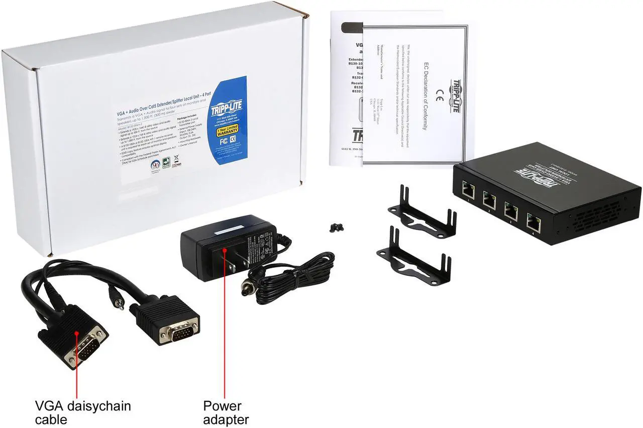 Alt view image 7 of 6 - Tripp Lite B132-004A-2 4-Port VGA + Audio over Cat5 Cat6 Extender Splitter Transmitter TAA