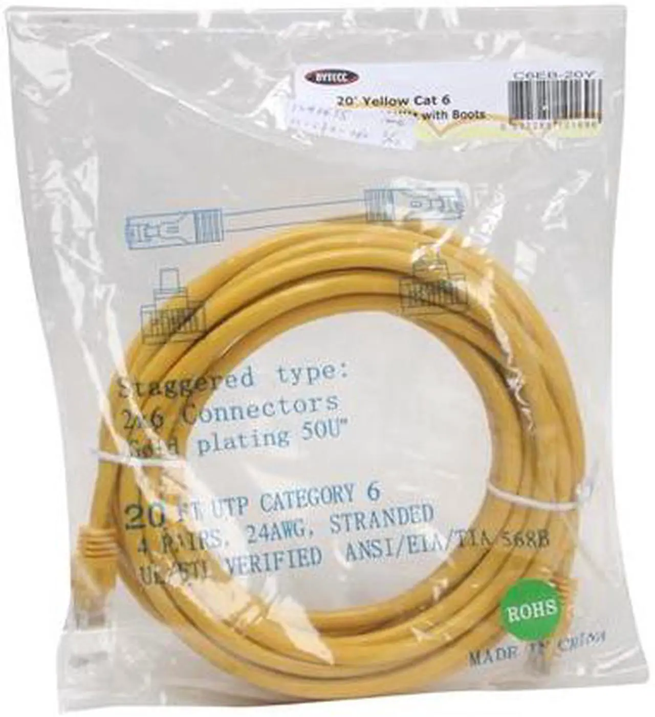 Alt view image 2 of 2 - BYTECC C6EB-20Y 20 ft. Cat 6 Yellow Enhanced 550MHz Patch Cables