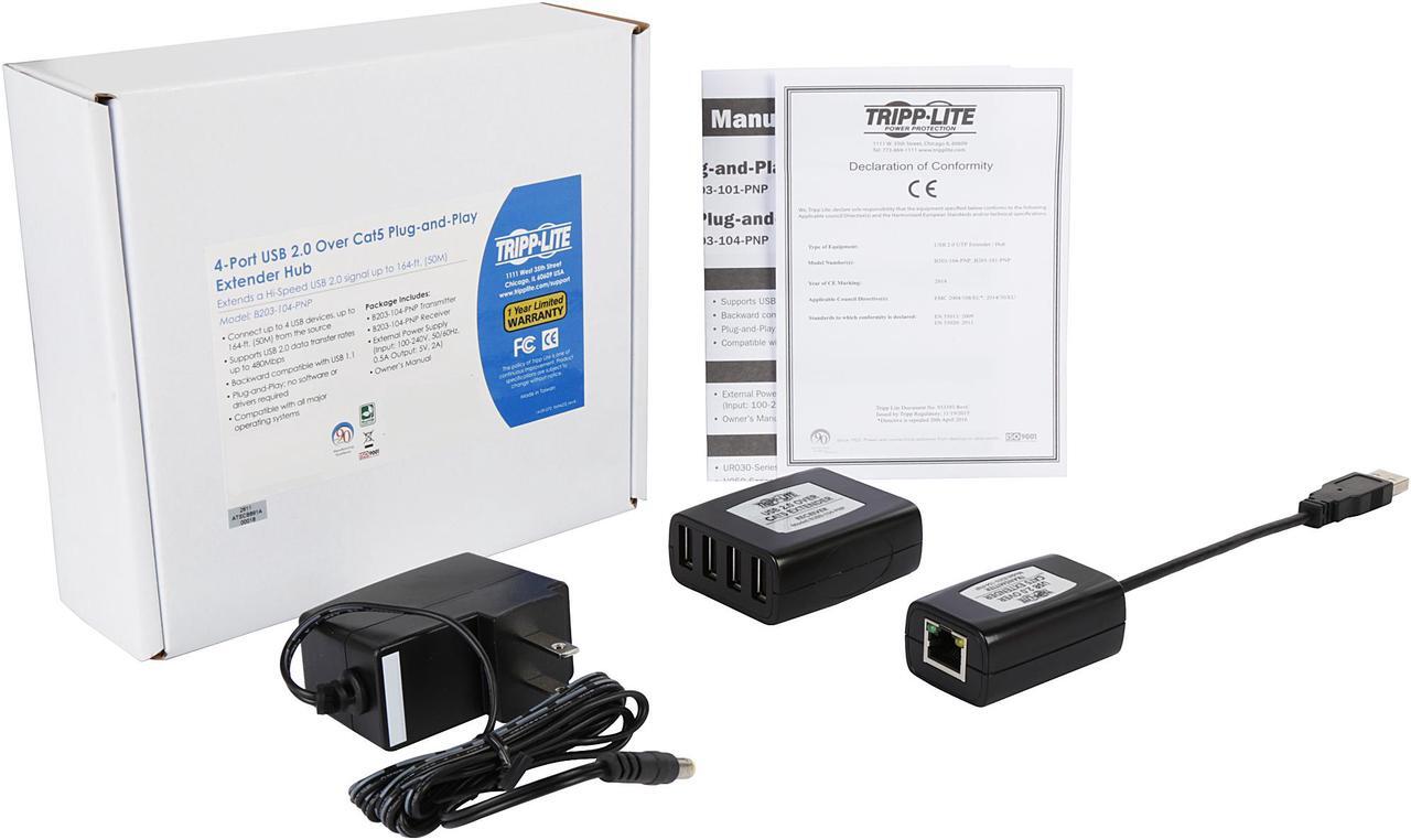Alt view image 9 of 8 - Tripp Lite 4-Port USB 2.0 over Cat5/Cat6 Extender Hub Kit, Transmitter & Receiver, Hi-Speed USB-A Up to 164 ft. (B203-104-PNP)