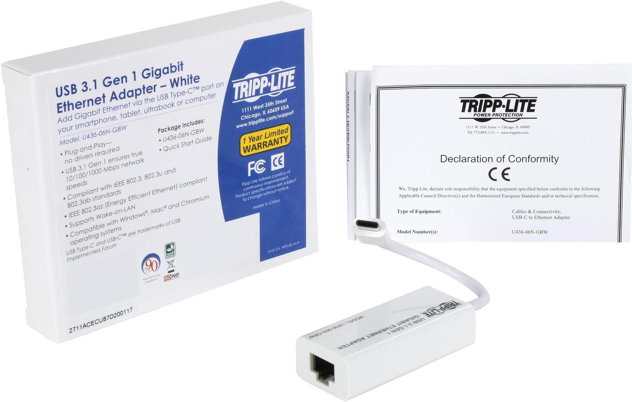 Alt view image 3 of 3 - Tripp Lite U436-06N-GBW USB 3.1 Gen 1 Type-C to Gigabit Ethernet NIC Network Adapter, 10/100/1000 Mbps, White
