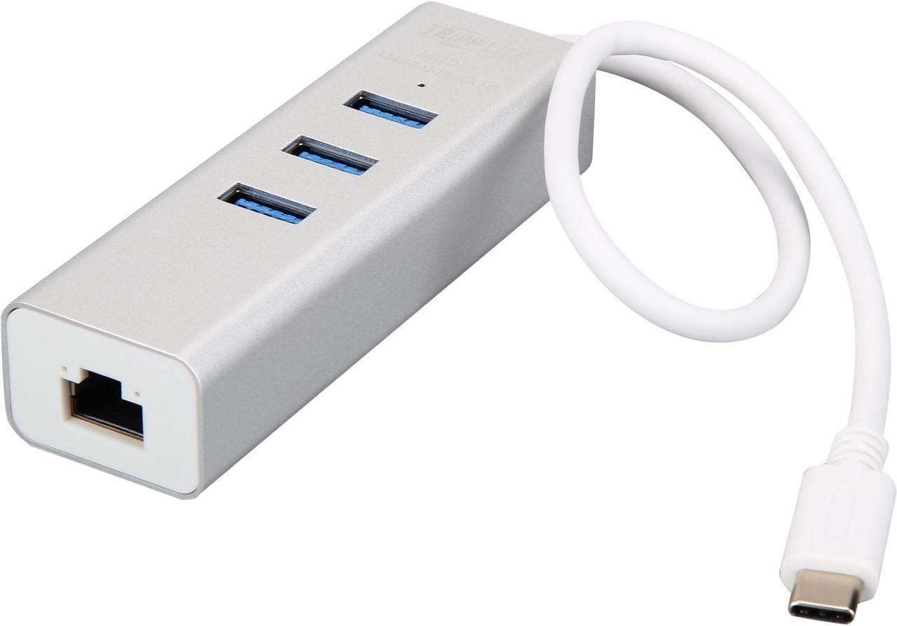 3-Port USB-C Hub with LAN Port, USB-C to 3x USB-A Ports and Gbe, USB 3.0, White