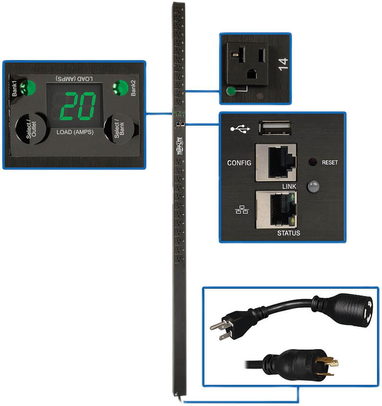 Main image of Tripp Lite 1.9 kW Single-Phase Switched PDU, LX Platform, Outlet Monitoring, 120V Outlets (24 x NEMA 5-15/20R), L5-20P Plug, 0U, TAA (PDUMVR20NETLX)