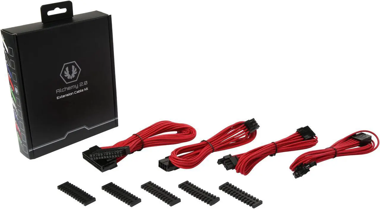 Alt view image 2 of 8 - BitFenix Alchemy 2.0 Extension Cable KIT (High Current Alloy Terminals, Pure Copper Strand Cables) Red Sleeve/Black Connector, 2 x 6+2 pin video card extension 45cm , 1 x 4+4 pin motherboard extension