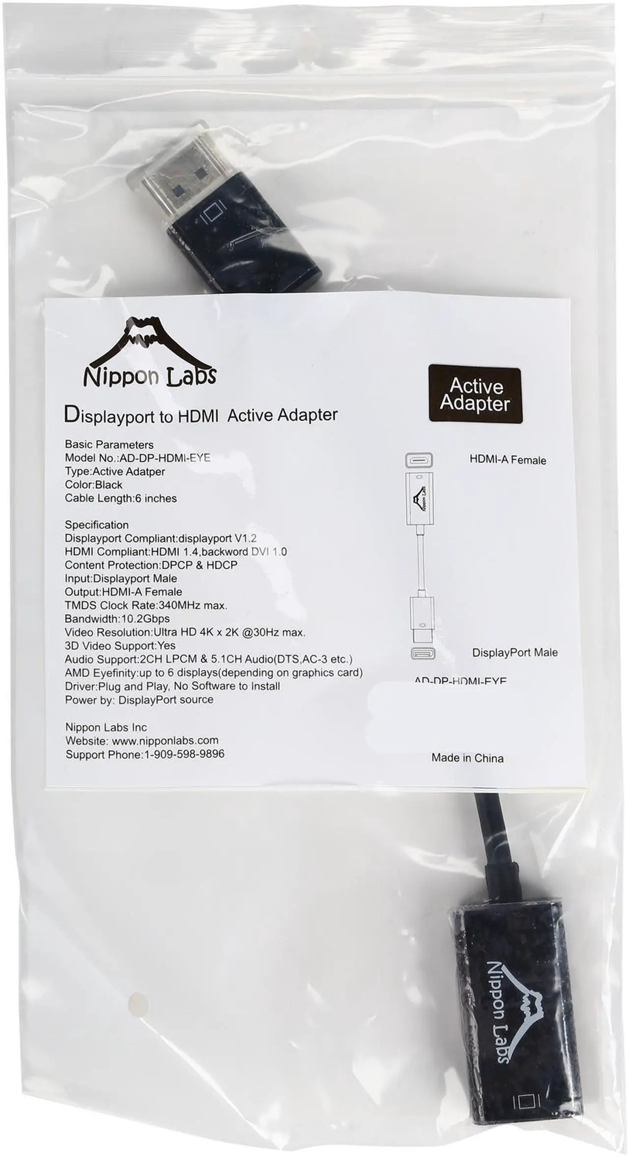 Alt view image 3 of 3 - Nippon Labs AD-DP-HDMI-EYE 6" DP1.2 to HDMI Active Adapter, 4K, Eyefinity Supports - OEM