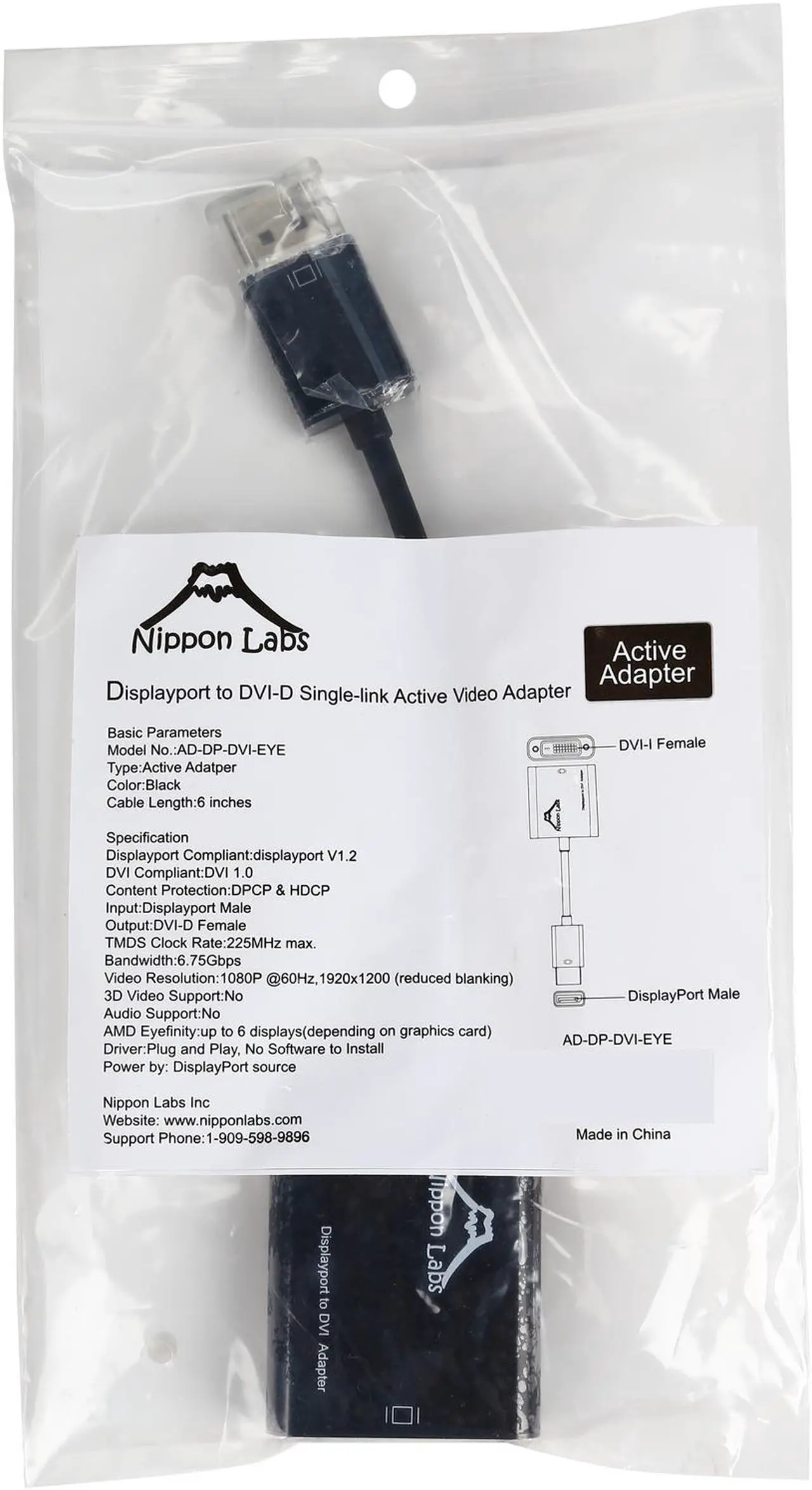 Alt view image 3 of 3 - Nippon Labs AD-DP-DVI-EYE 6" DP1.2 to DVI Active Adapter, Eyefinity Supprts