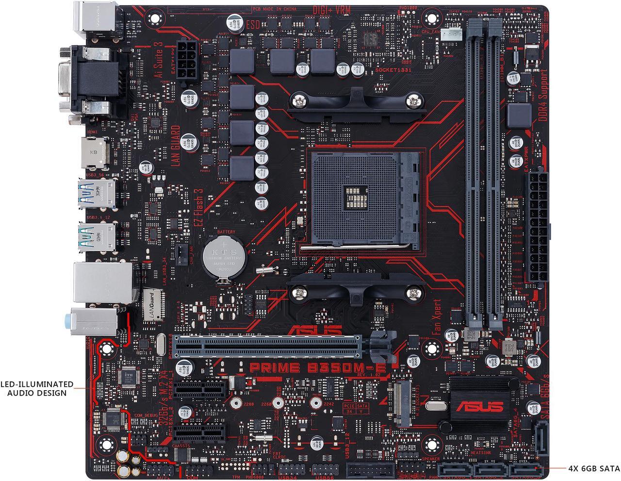 Alt view image 2 of 7 - ASUS Prime B350M-E AM4 AMD B350 SATA 6Gb/s USB 3.1 HDMI Micro ATX AMD Motherboard