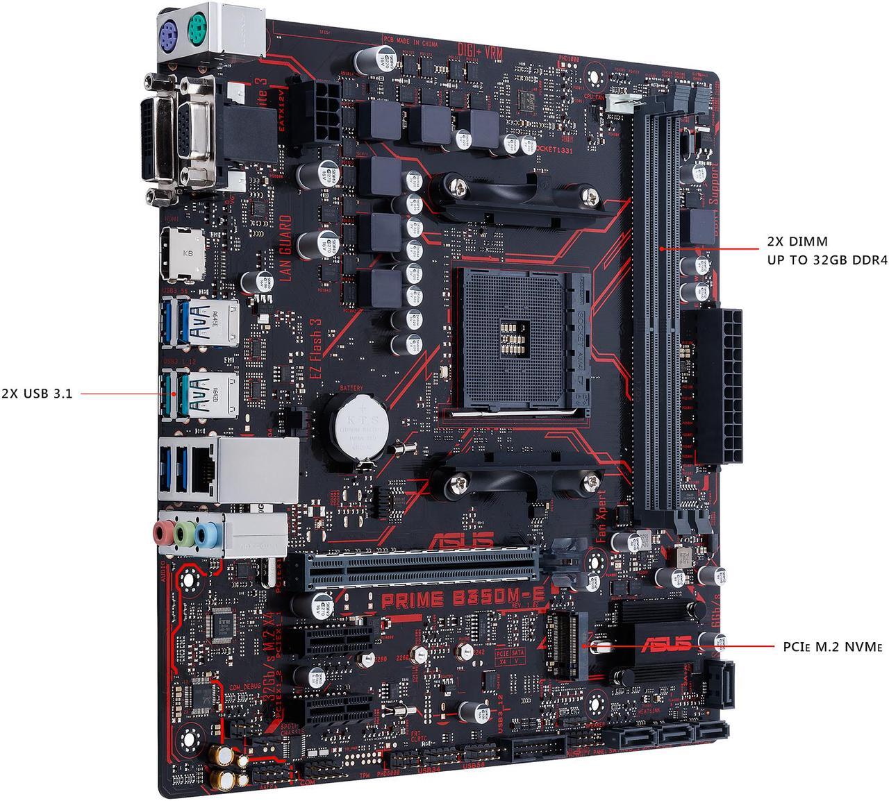 Alt view image 4 of 7 - ASUS Prime B350M-E AM4 AMD B350 SATA 6Gb/s USB 3.1 HDMI Micro ATX AMD Motherboard