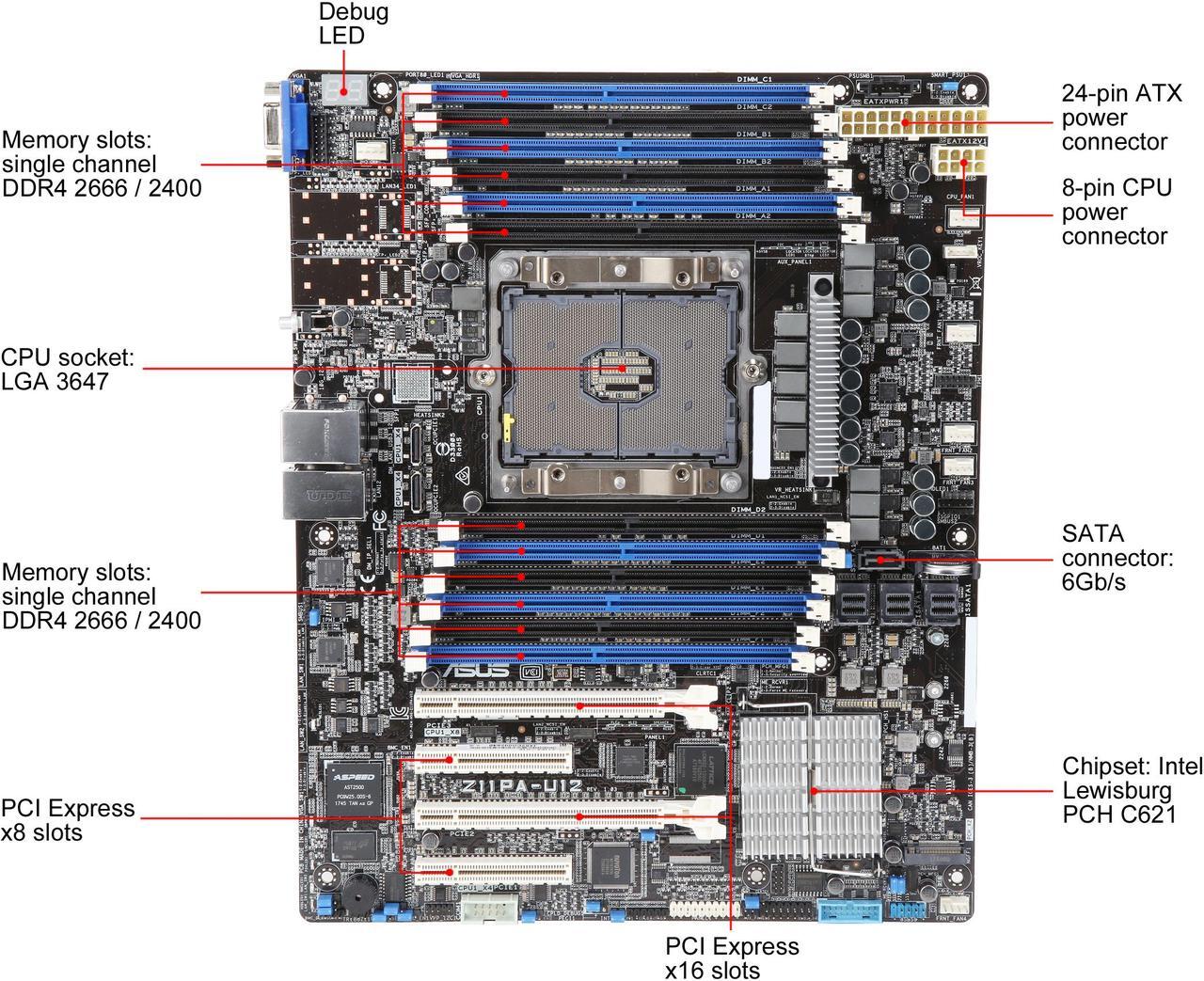 Alt view image 4 of 6 - ASUS Z11PA-U12 ATX Server Motherboard LGA 3647 Intel Lewisburg PCH C621