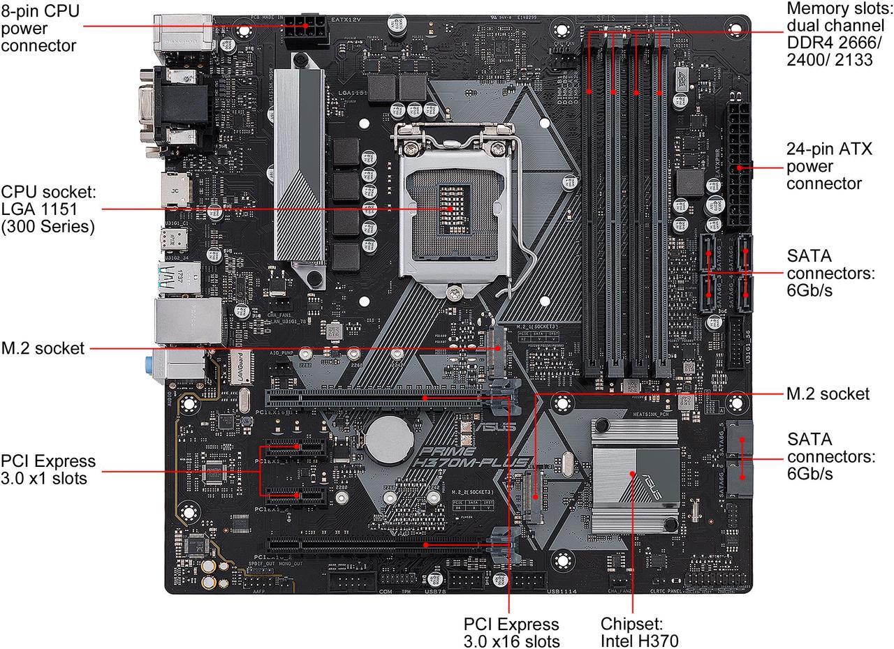 Alt view image 2 of 7 - ASUS Prime H370M-Plus/CSM LGA1151 (300 Series) DDR4 HDMI DVI VGA M.2 mATX Motherboard