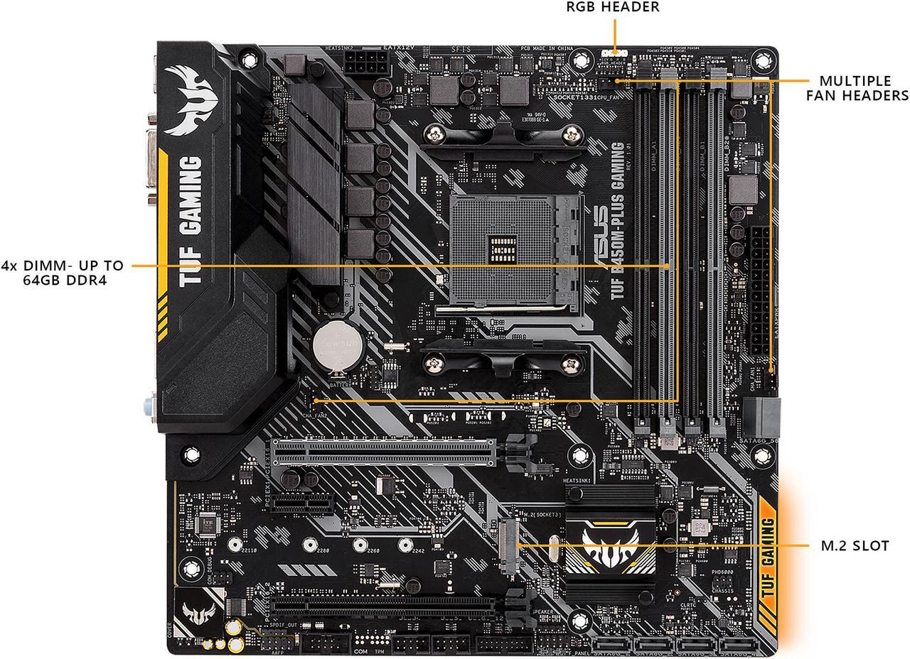 Alt view image 2 of 7 - ASUS TUF B450M-PLUS GAMING AM4 AMD B450 SATA 6Gb/s Micro ATX AMD Motherboard
