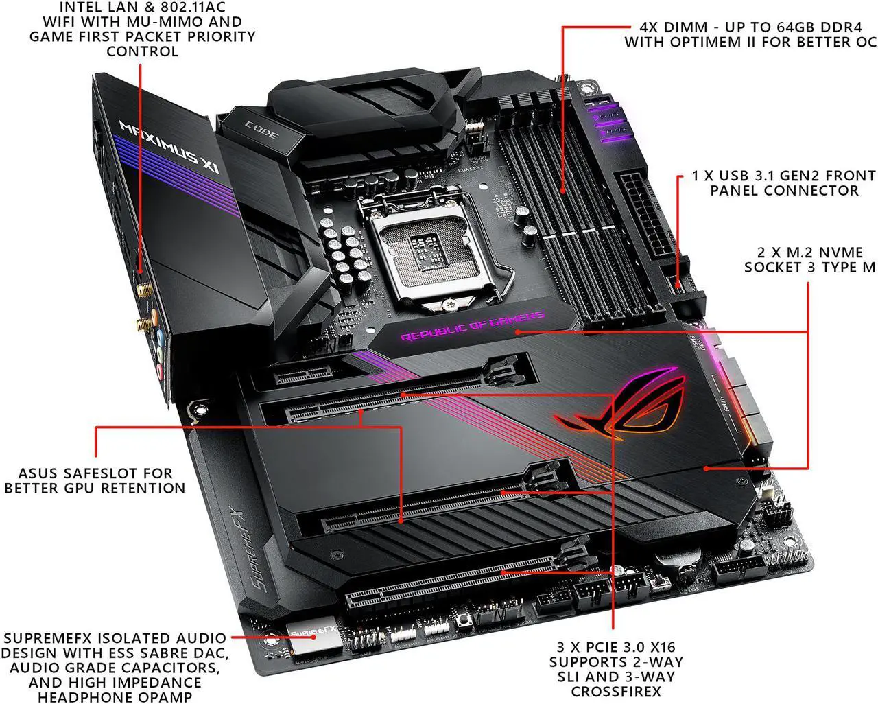 Alt view image 5 of 7 - ASUS ROG Maximus XI Code Z390 Gaming Motherboard LGA1151 (Intel 8th and 9th Gen) ATX DDR4 HDMI M.2 USB 3.1 Gen2 Onboard 802.11 ac Wi-Fi