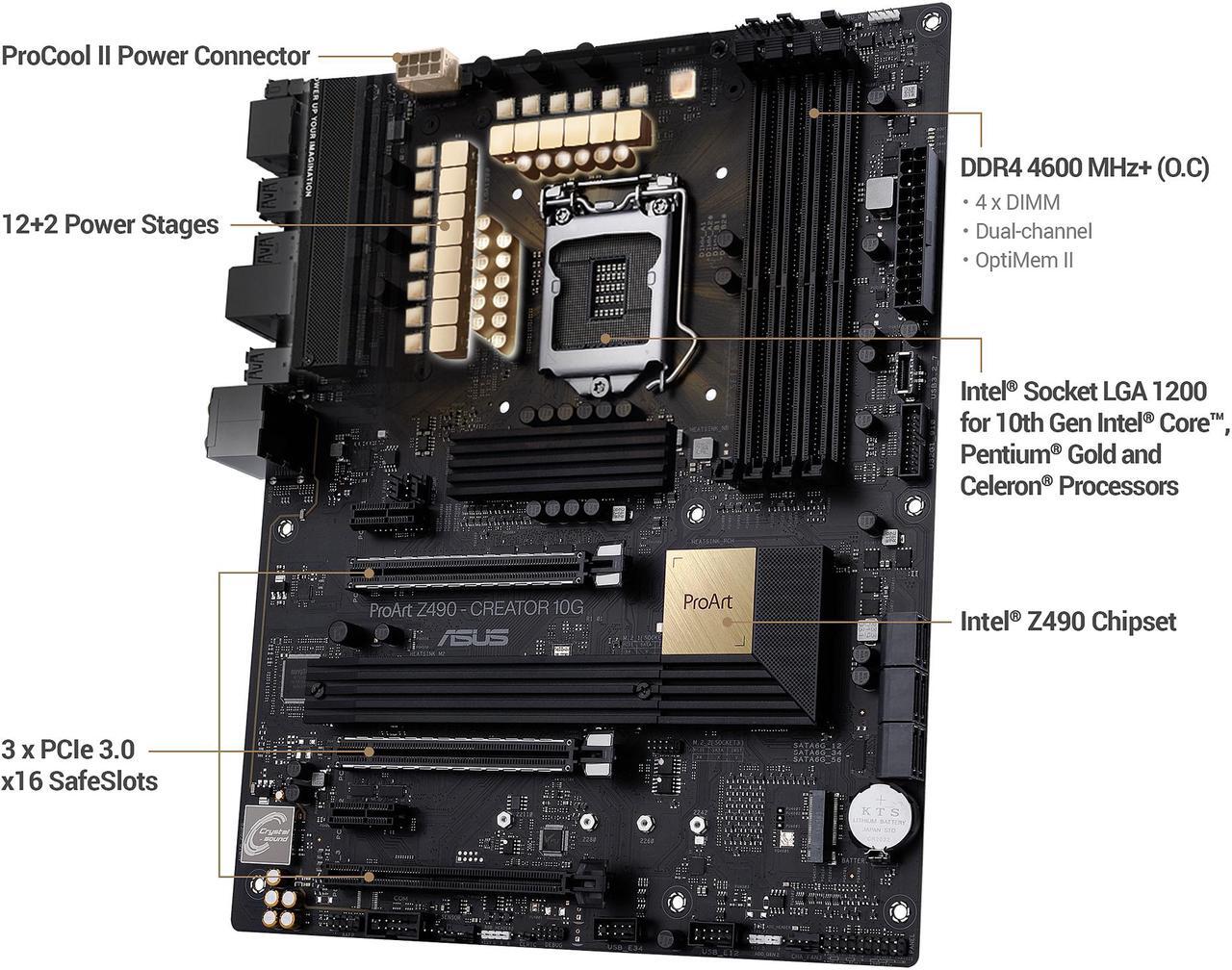 Alt view image 3 of 7 - ASUS ProART Z490-CREATOR 10G LGA 1200 Intel Z490 SATA 6Gb/s ATX Intel Motherboard (12+2 Power Stages, DDR4 4600, 10G LAN Card, 2.5G Intel LAN, Thunderbolt 3 Type-C, M.2, USB 3.2 Gen 2)