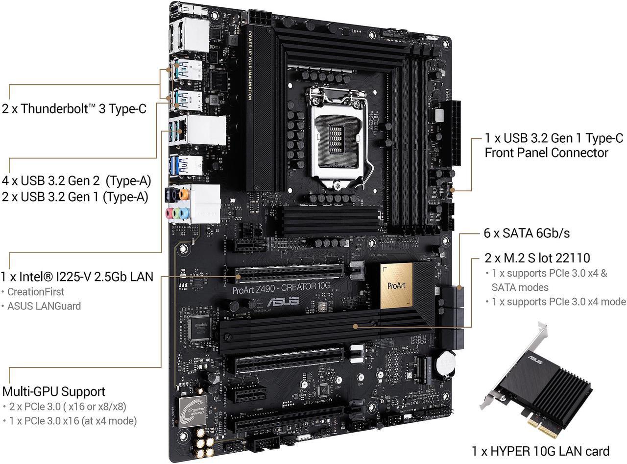 Alt view image 5 of 7 - ASUS ProART Z490-CREATOR 10G LGA 1200 Intel Z490 SATA 6Gb/s ATX Intel Motherboard (12+2 Power Stages, DDR4 4600, 10G LAN Card, 2.5G Intel LAN, Thunderbolt 3 Type-C, M.2, USB 3.2 Gen 2)