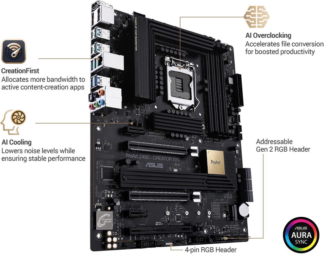 Alt view image 4 of 7 - ASUS ProART Z490-CREATOR 10G LGA 1200 Intel Z490 SATA 6Gb/s ATX Intel Motherboard (12+2 Power Stages, DDR4 4600, 10G LAN Card, 2.5G Intel LAN, Thunderbolt 3 Type-C, M.2, USB 3.2 Gen 2)
