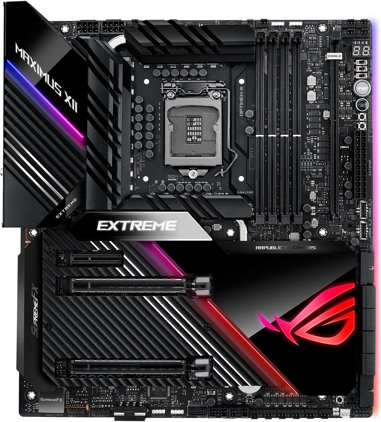 Main image of ASUS ROG MAXIMUS XII EXTREME (WiFi 6) LGA 1200 Intel Z490 SATA 6Gb/s Extended ATX Intel Motherboard (16 Power Stages, Quad M.2, 10Gbps & Intel 2.5Gb LAN, Bundled Fan Extension Card II & ThunderboltEX 3-TR Card, 2" Livedash OLED)